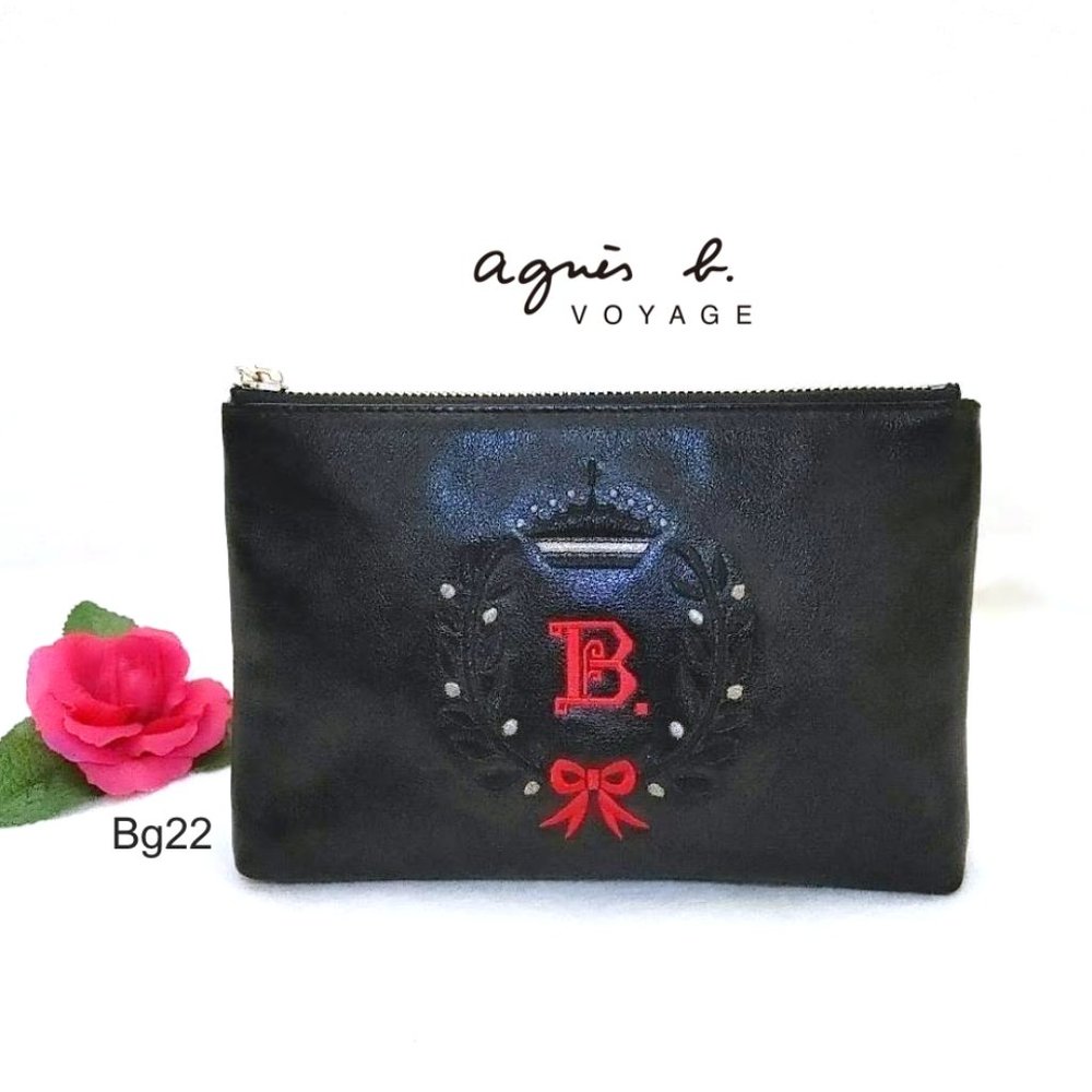 Agnes b. Voyage Black Genuine Leather Mini Clutch Purse Red Silver Embroidery